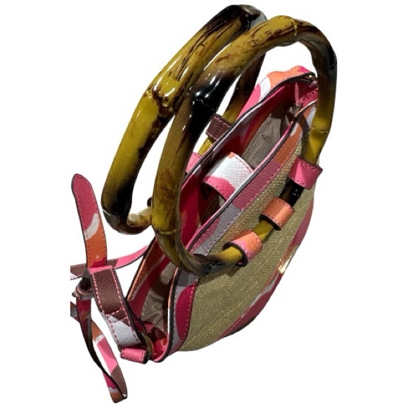 Trina Turk Rainbow Petals Floral Straw Satchel Crossbody Bag Bamboo Handles - Picture 9 of 10